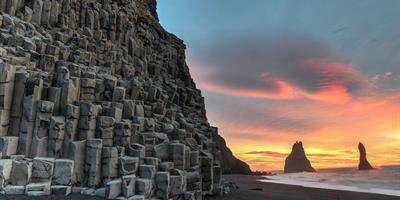 Reynisdrangar basalt rock formation on Reynisfjara beach in South Iceland