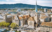 Historic Fraumünster and Saint Peter churches in Zürich city center