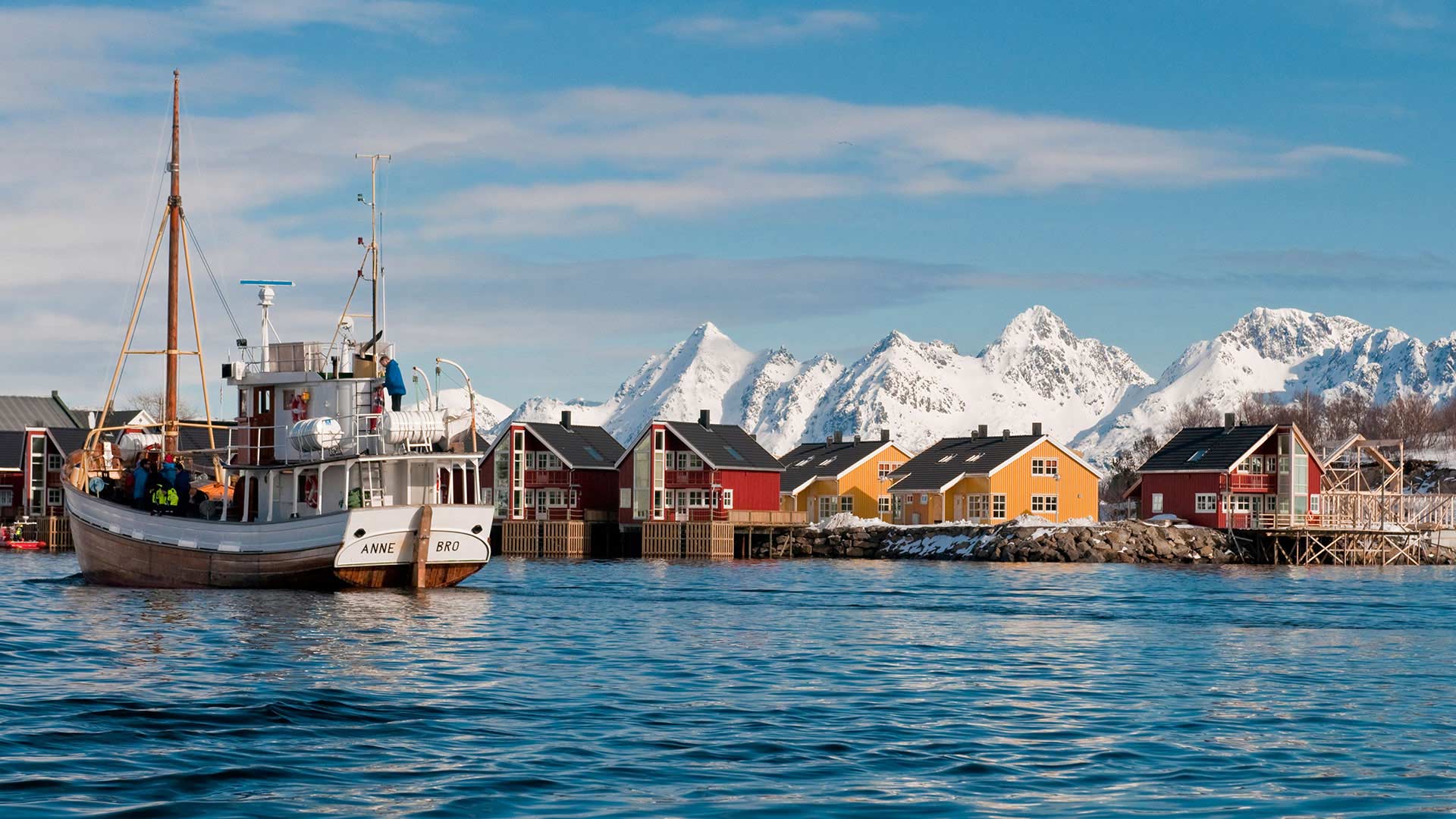 Boats in the harbour at winter in Svolvær, Lofoten Islands, Norway